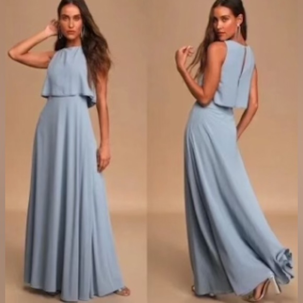 Lulus Utterly Enchanting Chiffon light blue bridesmaid dress ALREADY HEMMED